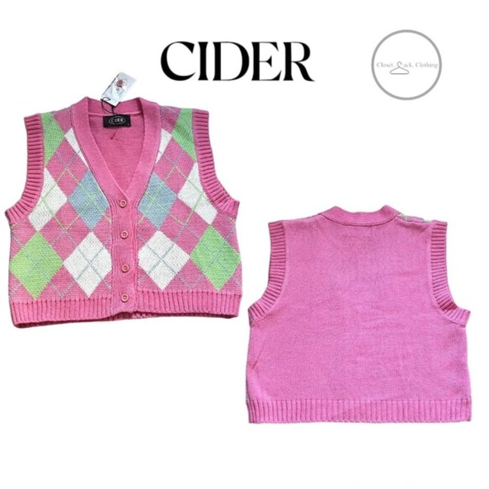 CIDER Soft Diamond Check Pattern Patchy Knit Button Front Vest Pink Size Large